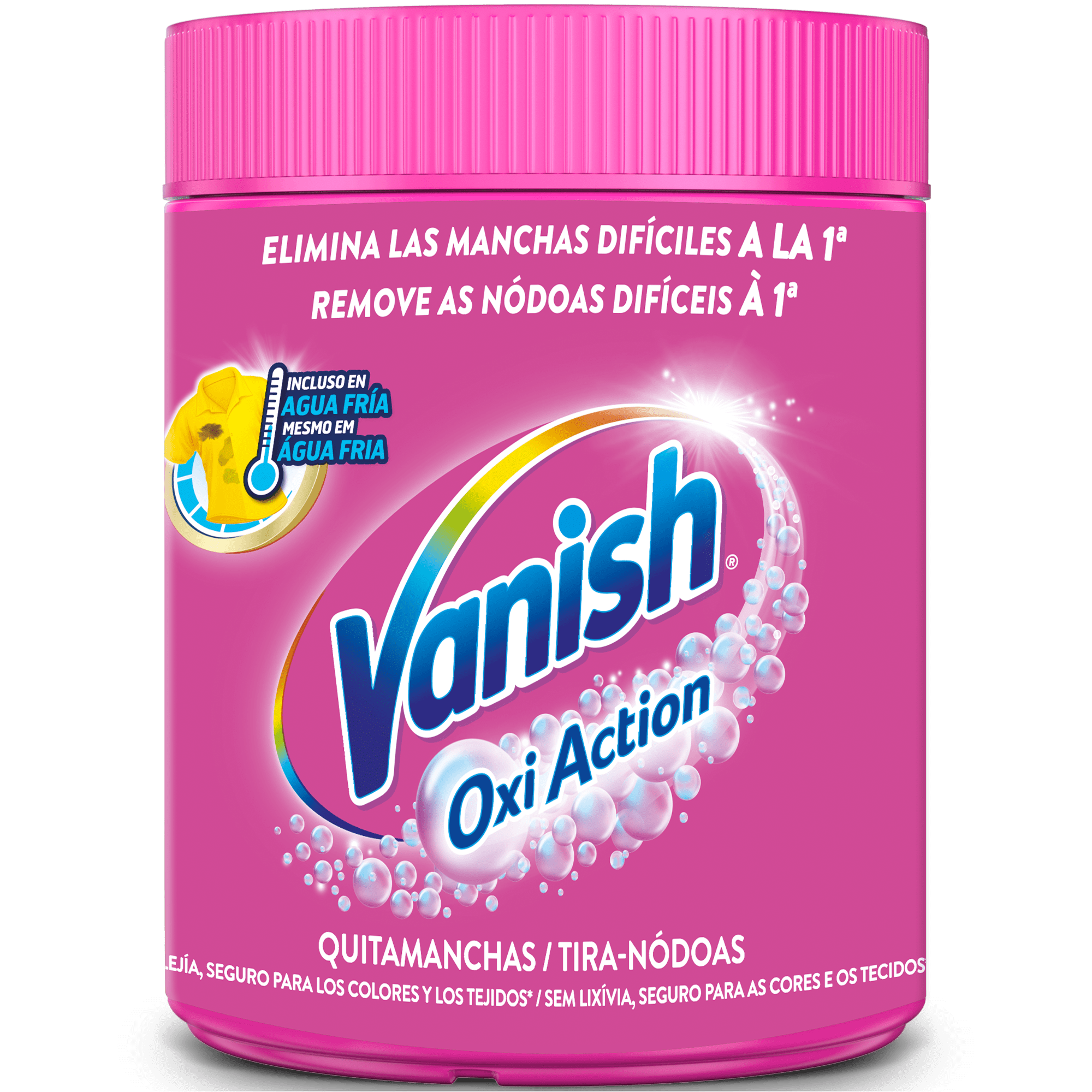 Vanish Oxi Action é um tira-nódoas eficaz para a roupa sem lixívia que acaba com as nódoas numa só lavagem. Formato pó.